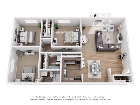 A 3D floor plan of a small apartment with a kitchen, living room, and bedrooms.
